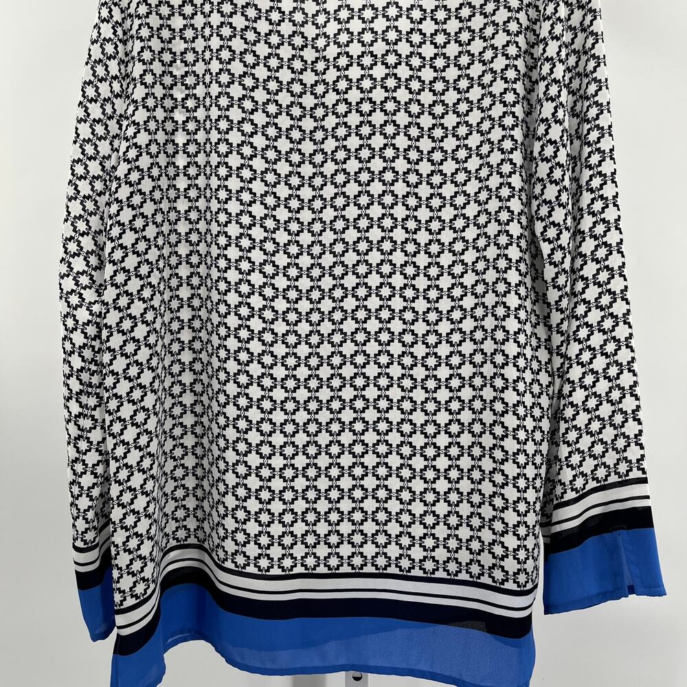 Chaus Navy Blue White Geometric Long Sleeve Solid Border Hem Top Size S NWT - Picture 4 of 9